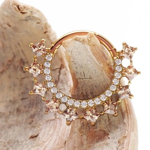 Aro de titanio con segmento de clic con bisagra y circonita cúbica, 8 mm - 10 mm, transparente, para Daith y tabique, perforación de 16 g, calidad profesional, hipoalergénico.