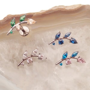 CZ cute Vine implant titanium piercing  internally threaded bar 18g, 16g, 14g, helix,  conch, tragus, flat, forward helix piercing.