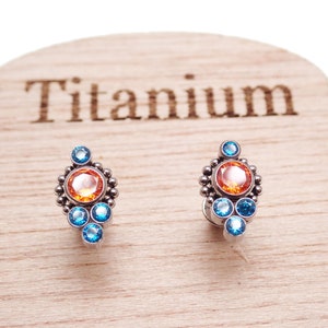 Implant grade Titanium  Teal and orange CZ earrings ,Sensitive ear, 20g pair
