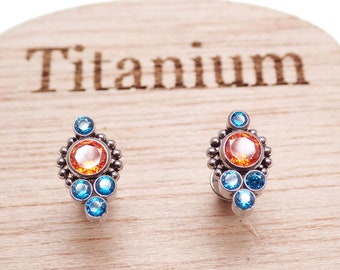 Implant grade Titanium  Teal and orange CZ earrings ,Sensitive ear, 20g pair