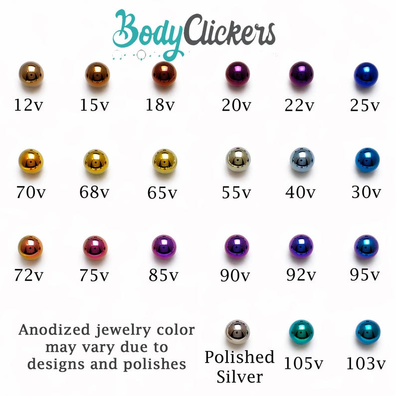 Pu&ograve; includere: Una collezione di sfere per gioielli anodizzate in vari colori, tra cui oro, viola e blu. Ogni sfera &egrave; etichettata con un numero e "v". Il testo "Body Clickers" &egrave; in alto e "Polished Silver" &egrave; visibile.