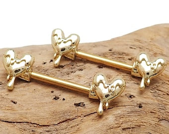 Pair of Dripping Heart Gold-Dipped Surgical Steel Nipple Bars 14g