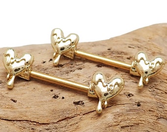 Pair of Dripping Heart Gold-Dipped Surgical Steel Nipple Bars 14g