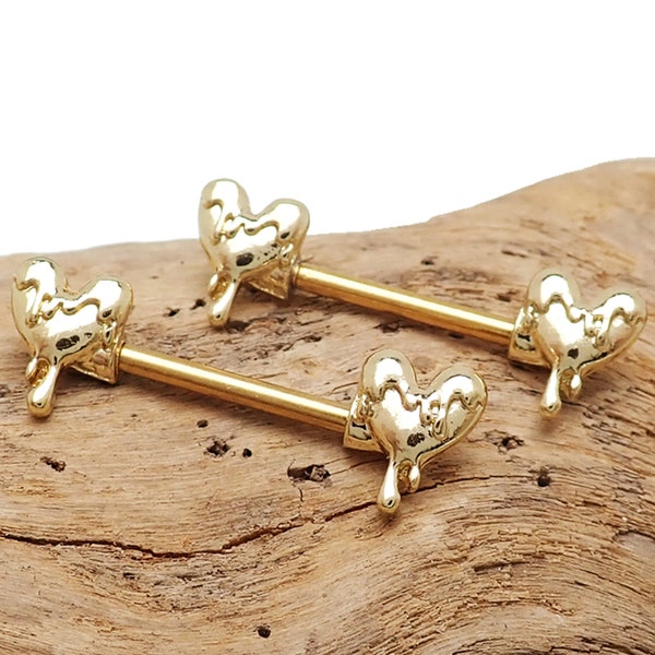 Pair of Dripping Heart Gold-Dipped Surgical Steel Nipple Bars 14g