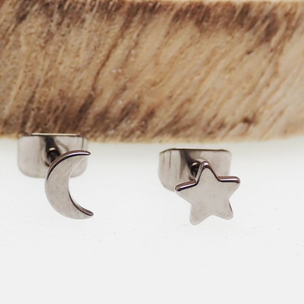 Titanium Earrings sold in pairs Moon, star or 1 of each, hypoallergenic earrings
