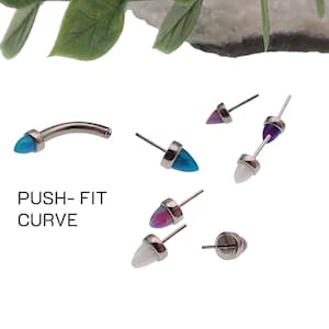 Implant titanium push fit threadless Curve with 3mm or 4mm  Push Fit fire Opal Cones. Daith, brow, lip piercing14g/16g/18g curve