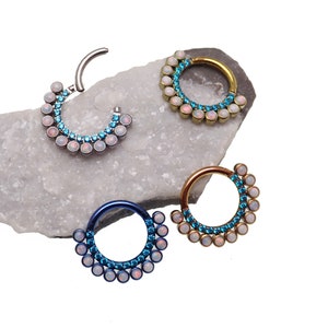 16g Titanium Hinged clicker  zircon blue cz and white fire opals 8mm & 10mm, septum, daith , helix