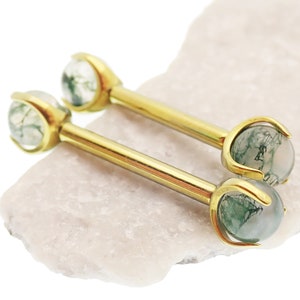 MOSS AGATE Gold Implant Titanium internally threaded claw set opal nipple bar rings- 12G 14G implant titanium nipple, industrial,barbell