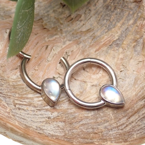 16g Moonstone natural stone teardrop septum/ daith clicker  ring  8mm Implant Grade Titanium , hinged clicker
