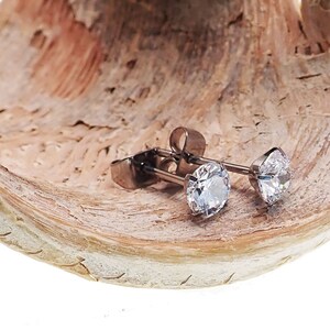 May include: A pair of silver stud earrings with clear round cubic zirconia stones.
