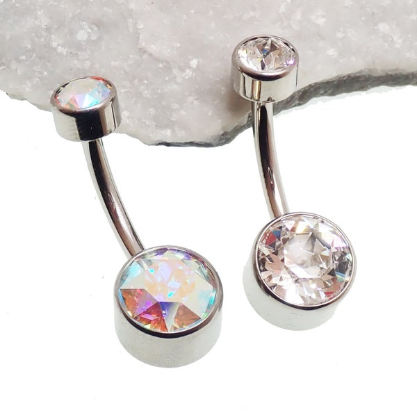 Implant Titanium , internally threaded belly piercing Clear Crystal CZ or Rainbow.  10mmCurved Barbell navel Ring 14g (1.6mm)