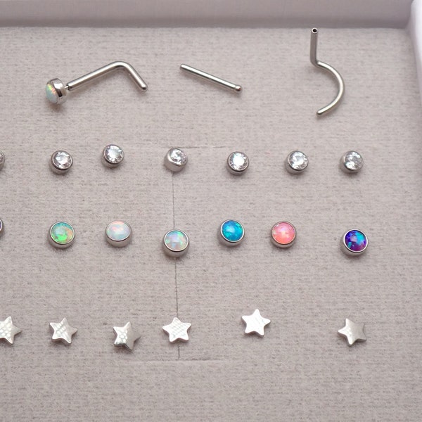 Implant Titanium Push in Threadless nose  Set ,L bend nose stud, straight or curl, Choose opal, style and metal color,3mm top nose piercing.
