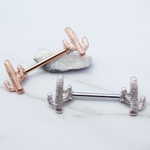 Pair 14g Cactus Nipple rings , super cute , rose gold or silver color 12mm-14mm