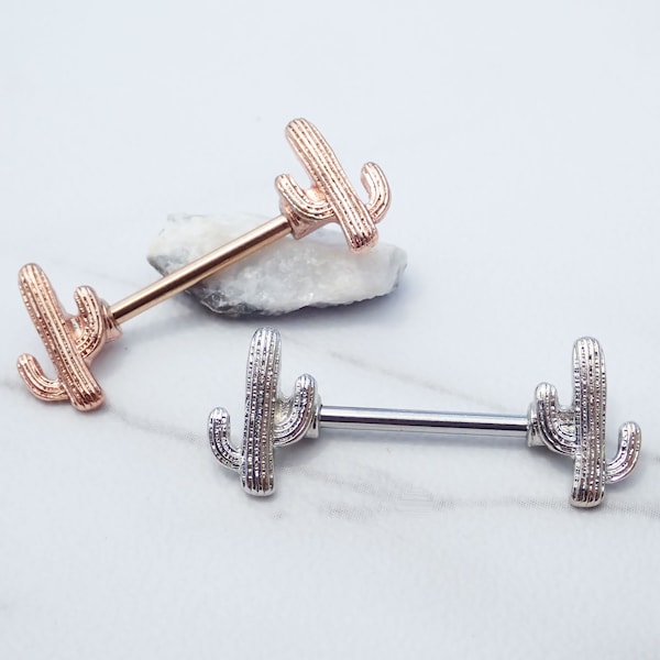 Cactus Nipple Rings, 14g Surgical Steel Barbell, Rose Gold or Silver