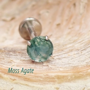 Moss Agate internally threaded Implant Titanium Flatback Piercing 18g, 16g, 14g, Single Piercing 4mm stone