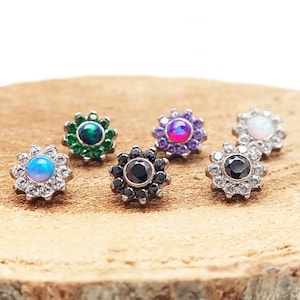 Small Daisy Flower Opal & CZ Implant Titanium Flatback Piercing 18g, 16g, 14g