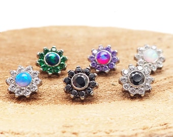 Small Daisy Flower Opal & CZ Implant Titanium Flatback Piercing 18g, 16g, 14g