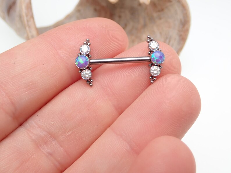 14g Titanium Sleepy Lavender Fire Cabochon Opal Stone Cluster Nipple Rings
