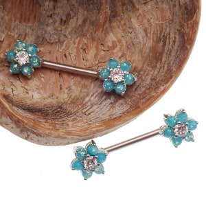 Pair of Blue Opal & Clear CZ Flower Surgical Steel Nipple Bars 14g image 6