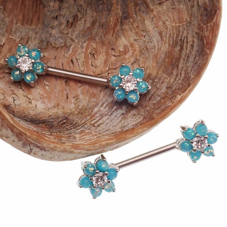 Pair of Blue Opal & Clear CZ Flower Surgical Steel Nipple Bars 14g image 6