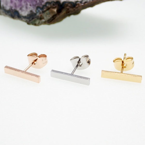 T-Bar Minimalist Flat Bar Stud Stainless Steel Pair of Earrings ( Steel, Gold, Rose Gold )