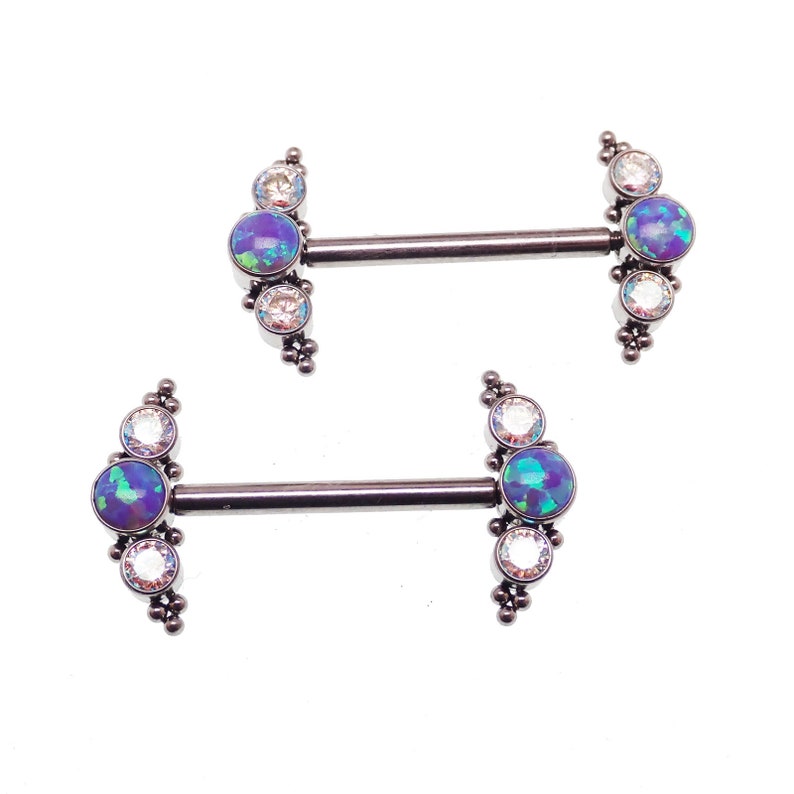 14g Titanium Sleepy Lavender Fire Cabochon Opal Stone Cluster Nipple Rings