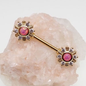 Pair or single  Pink Opal & Clear CZ Firework Gold-Dipped Surgical Steel Nipple Bars 14g