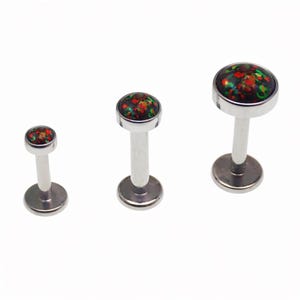 Piercing de titanio con rosca interna de ópalo de fuego Black Fall, parte posterior plana, 18 g, 16 g, 14 g, para hélice, labio y oreja