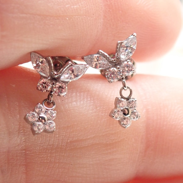 Titanium Earrings sold in pairs butterfly CZ cute dangle , hypoallergenic earrings,