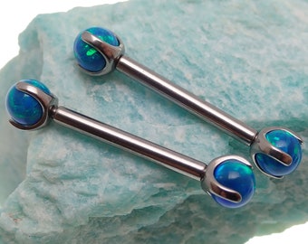 12g 14g Implant titanium internally threaded Peacock Blue  claw set opal nipple bar rings-  titanium fire opal,nipple, industrial,barbell