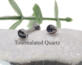 Tourmalated quratz Natural Stone Teardrop Implant Titanium  Flatback Piercing 18g, 16g, 14g, internally threaded