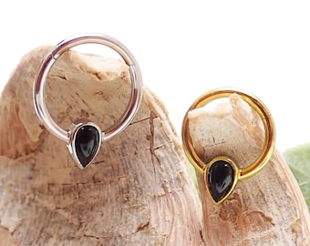 Anneau de clic pour septum/daith en pierre naturelle d'onyx, en forme de goutte d'eau, 8 mm, 10 mm en titane de qualité implantaire, clic articulé