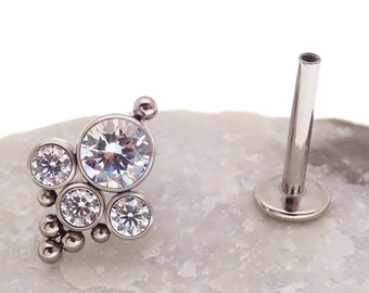 implant titanium CZ cluster Push Fit Threadless  Flatback Piercing 20g, 18g, 16g, 14g, helix, medusa, philtrum, conch, flat piercing
