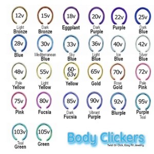 May include: A chart of different colored body jewelry rings with various voltage ratings, ranging from 12v to 105v. The rings are arranged in rows and columns, with each ring labeled with its voltage and color. The text "Body Clickers" is at the bottom of the chart, with the tagline "Twist Or Click, Easy Fit Jewelry."