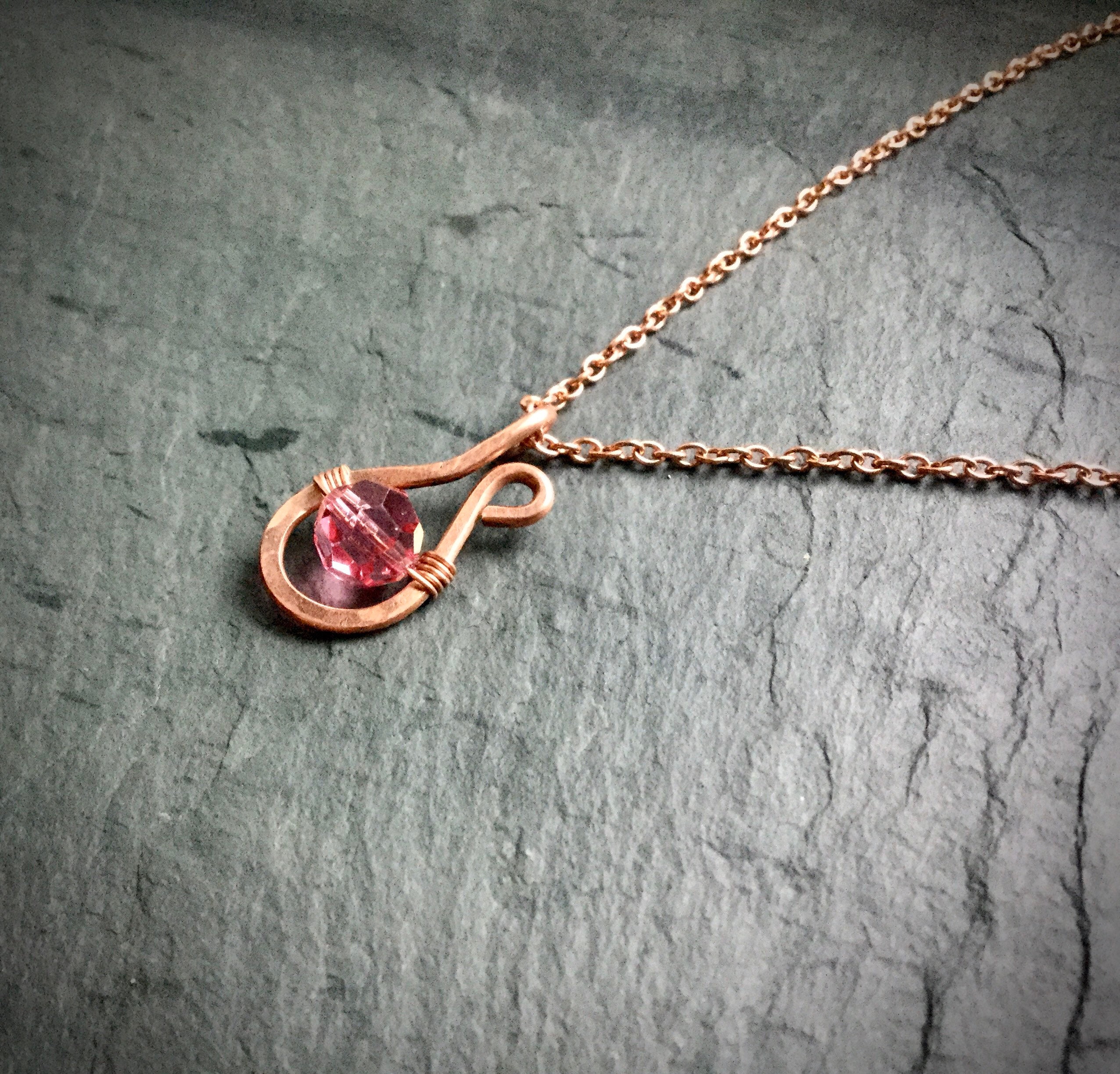 Copper Teardrop Pendant Necklace Pink Swarovski Crystal | Etsy