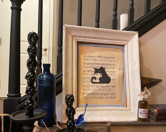 Vintage Large Sheet Music silhouette Halloween Black Angry Cat Kitty Dark Acadamia Decor