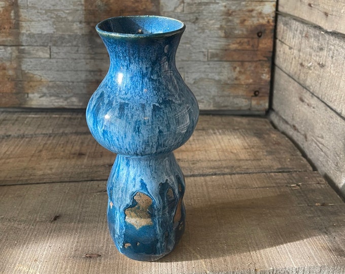 Stoneware Funny Vase Blue Drip Primitive Jenni Hand thrown Stoneware Farmhouse Decor