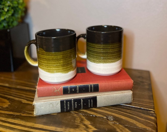 Set of 2 Made in England Coffee Mugs 8 oz. 3 Tone Brown Hand Thrown Stoneware Vintage