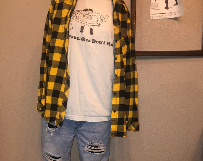 Vintage 90s Grunge Outfit; Yellow Clueless Plaid flannel, American Apparel T shirt, Pac Sun Jeans