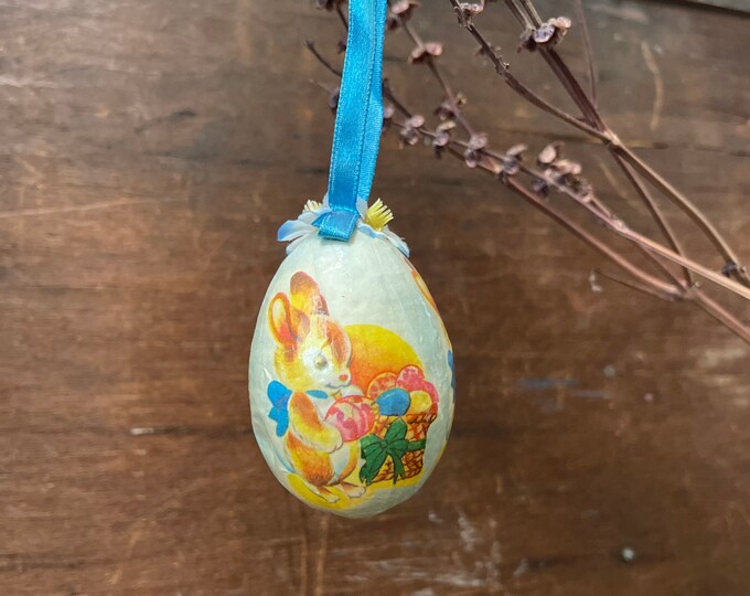Antique German Paper Mache Easter Egg Ornament Easter Bunny with Easter Basket Easter Eggs and Flowers