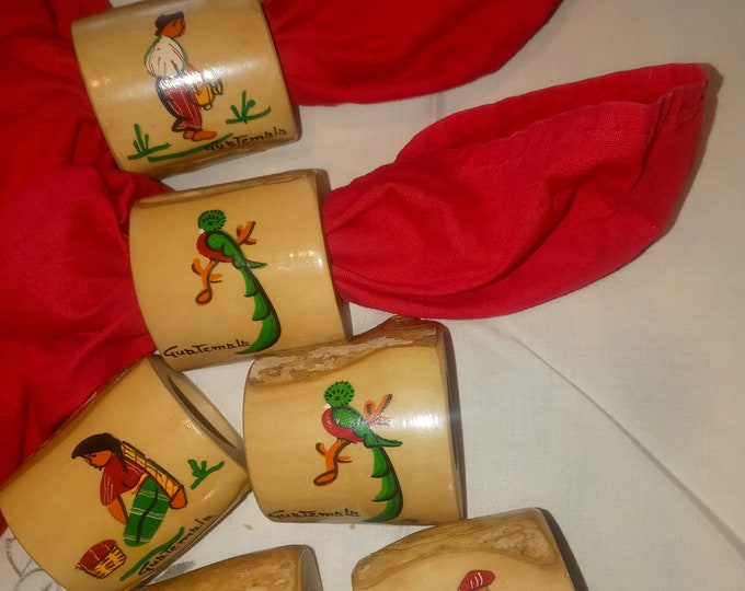 6 Vintage Guatemala Wooden Rough Edge Napkin Rings Hand Painted
