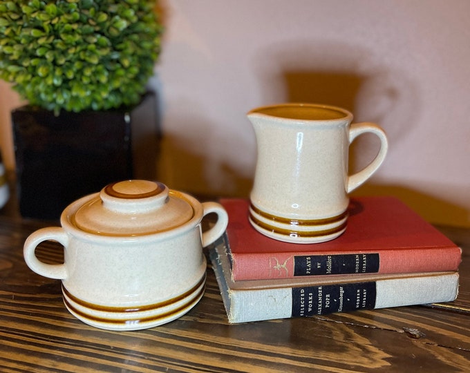 MCM Retro Chianti Creamer Pitcher and Sugar Bowl with Lid Japan by Cottage Collection Beige with yellow and Brown Stripe