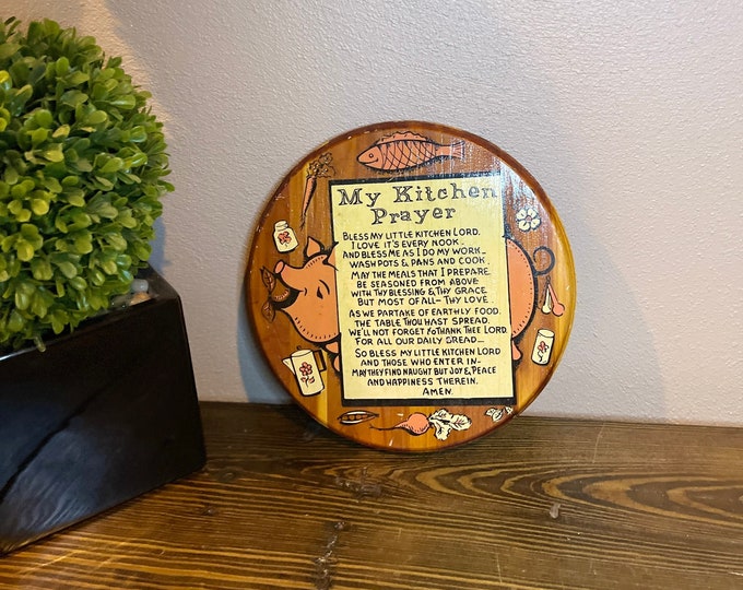 Wooden Kitchen Prayer Wall Hanging Fish, Pig, Radish, Carrot, Flower, Measuring Spoons, Spices, and Pitcher MCM Country Kitchen