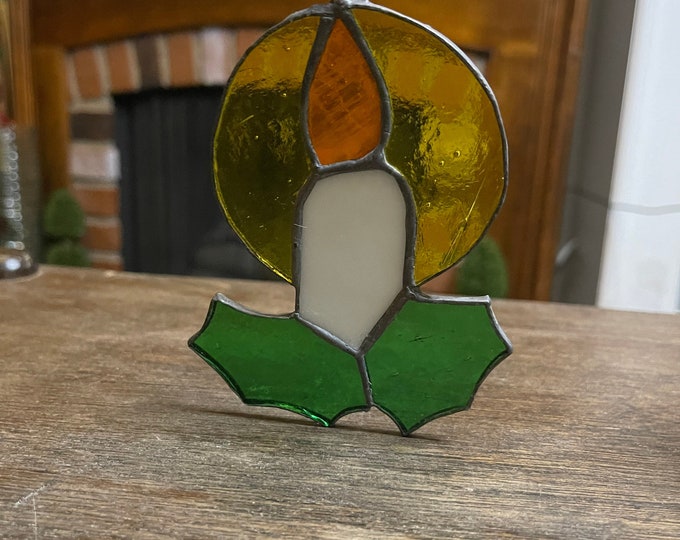 Vintage Plique a Jour Stained Glass Christmas Candle Holly Berrys