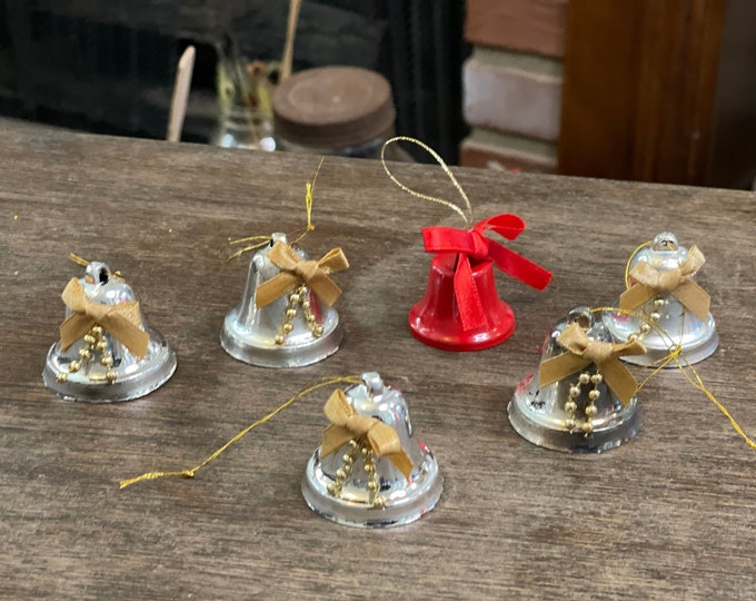 Bradford Christmas Bells, 6 vintage aluminum bell ornaments, Christmas decor, silver and red, aluminum or traditional Christmas tree decor