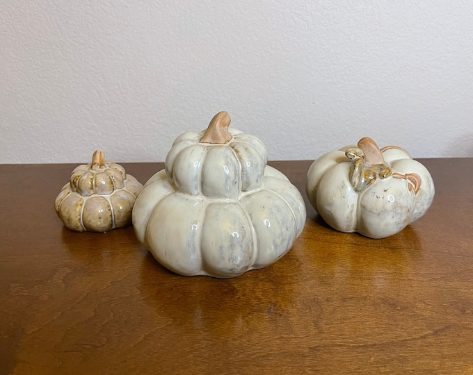 White Stoneware Pumpkin Set of 3 Decor