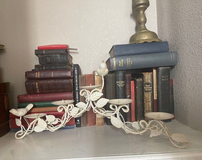 White Primitive Farmhouse Cast Iron Branch Birds Candelabra for Pillar Candles Spring Decor