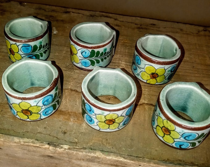 6 Vintage Mexican Tonala Pottery Napkin Rings Signed by Artist
