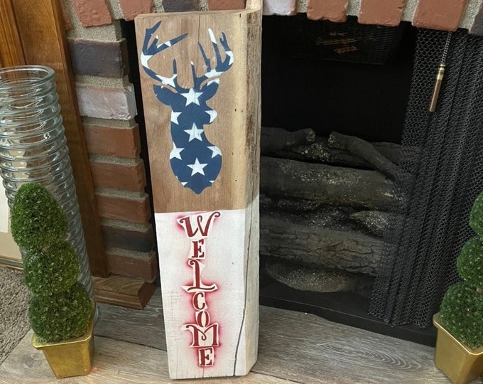 Authentic Barnwood Welcome Sign Deer Hunters Lodge Cabin America Stars & Stripes