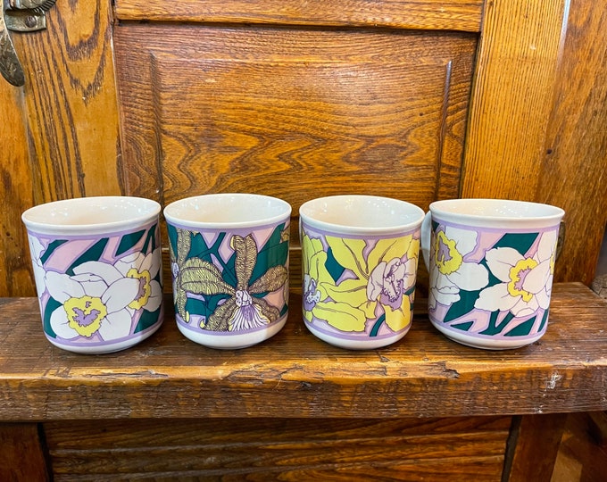 Vintage Set of 4 Debby Cotter 1984 Orchid Mugs Purple Yellow Green Danish Pastel